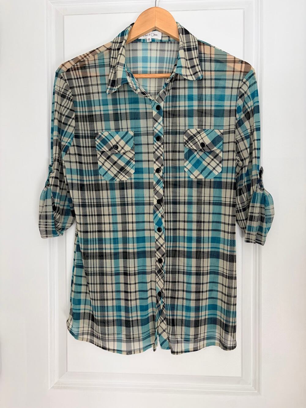 Eden & Olivia Turquoise Black Plaid Sheer Top Cowboy Chic Festival M